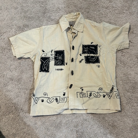 vintage embroidered cat tan button down shirt - Picture 11 of 11